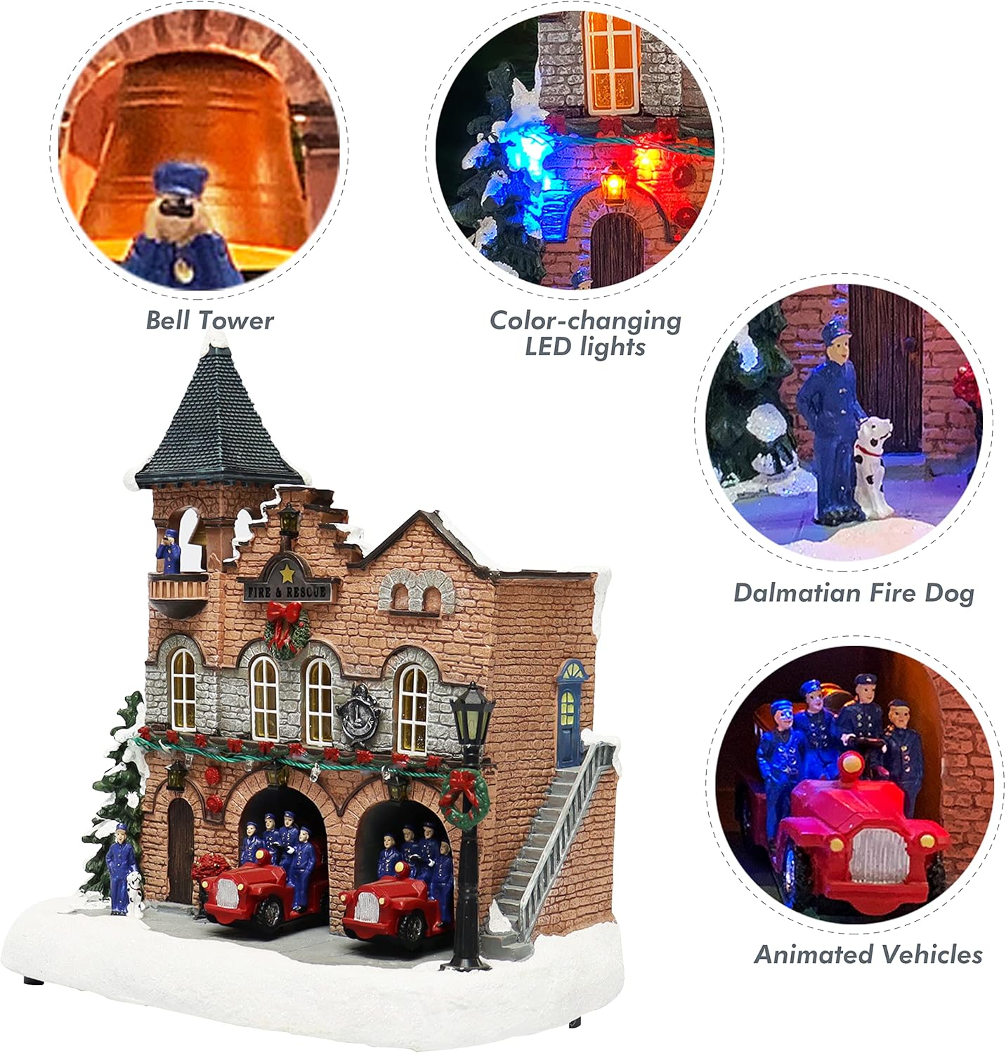 Lighted Fire Station Christmas Village 12” Animated Building with LED Lights