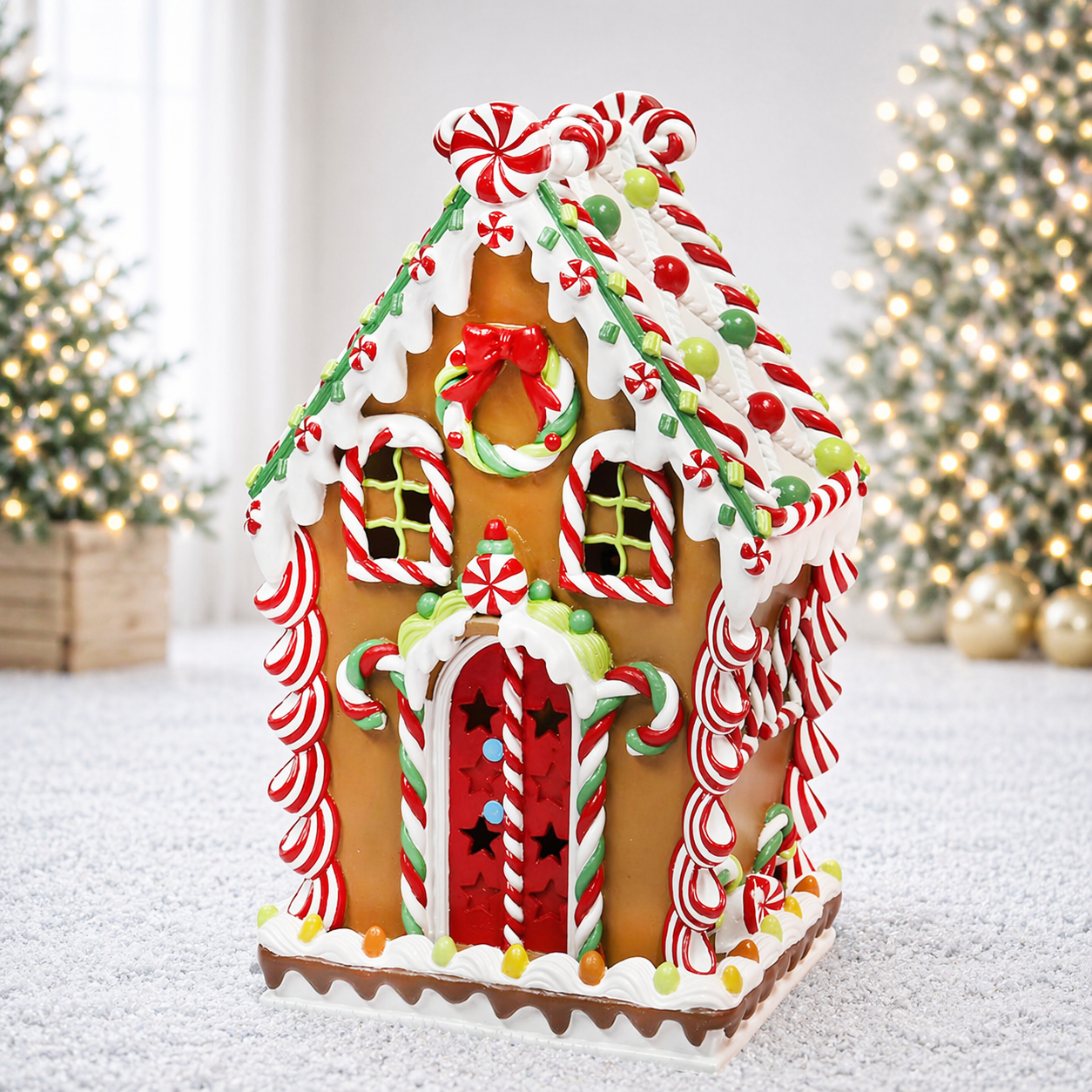 Lighted Gingerbread House Hand-Painted Polyresin Christmas Village Decor Battery Operated Holiday Decoration
