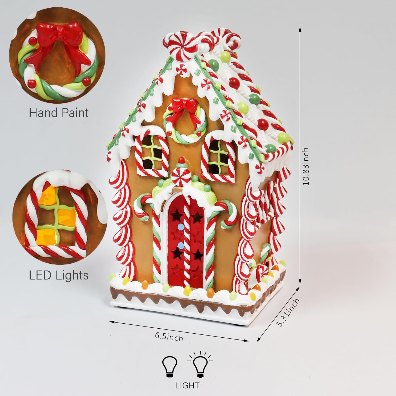 Lighted Gingerbread House Hand-Painted Polyresin Christmas Village Decor Battery Operated Holiday Decoration