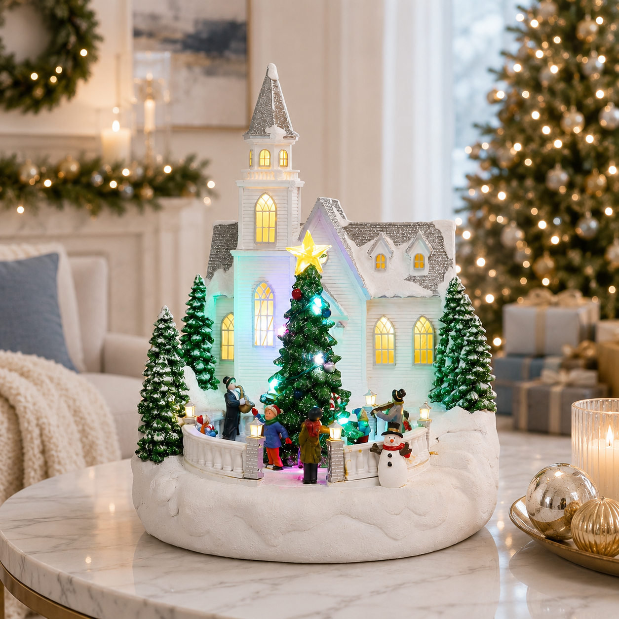 Lighted Musical Christmas Church with Animated Carolers 13.5” LED Holiday Village Building Plays 8 Classic Christmas Songs