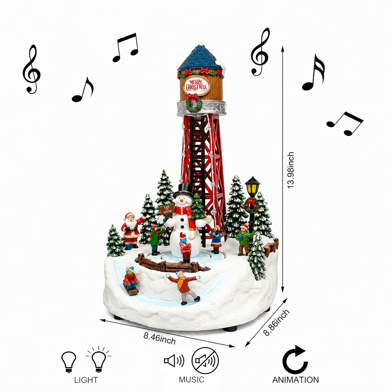 Lighted Musical Water Tower with Animated Scene 14”H LED Holiday Village Display