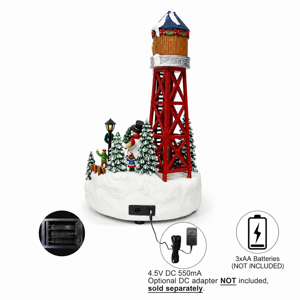 Lighted Musical Water Tower with Animated Scene 14”H LED Holiday Village Display