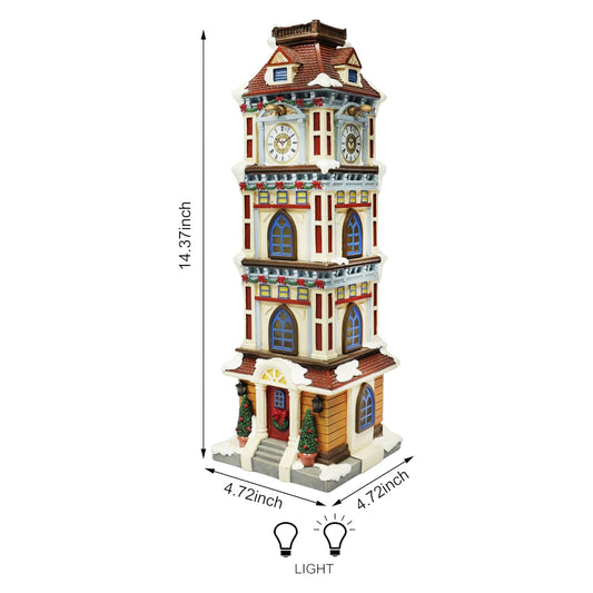 Christmas Clock Tower 14.5” LED Hand-Painted Polyresin Village Decoration