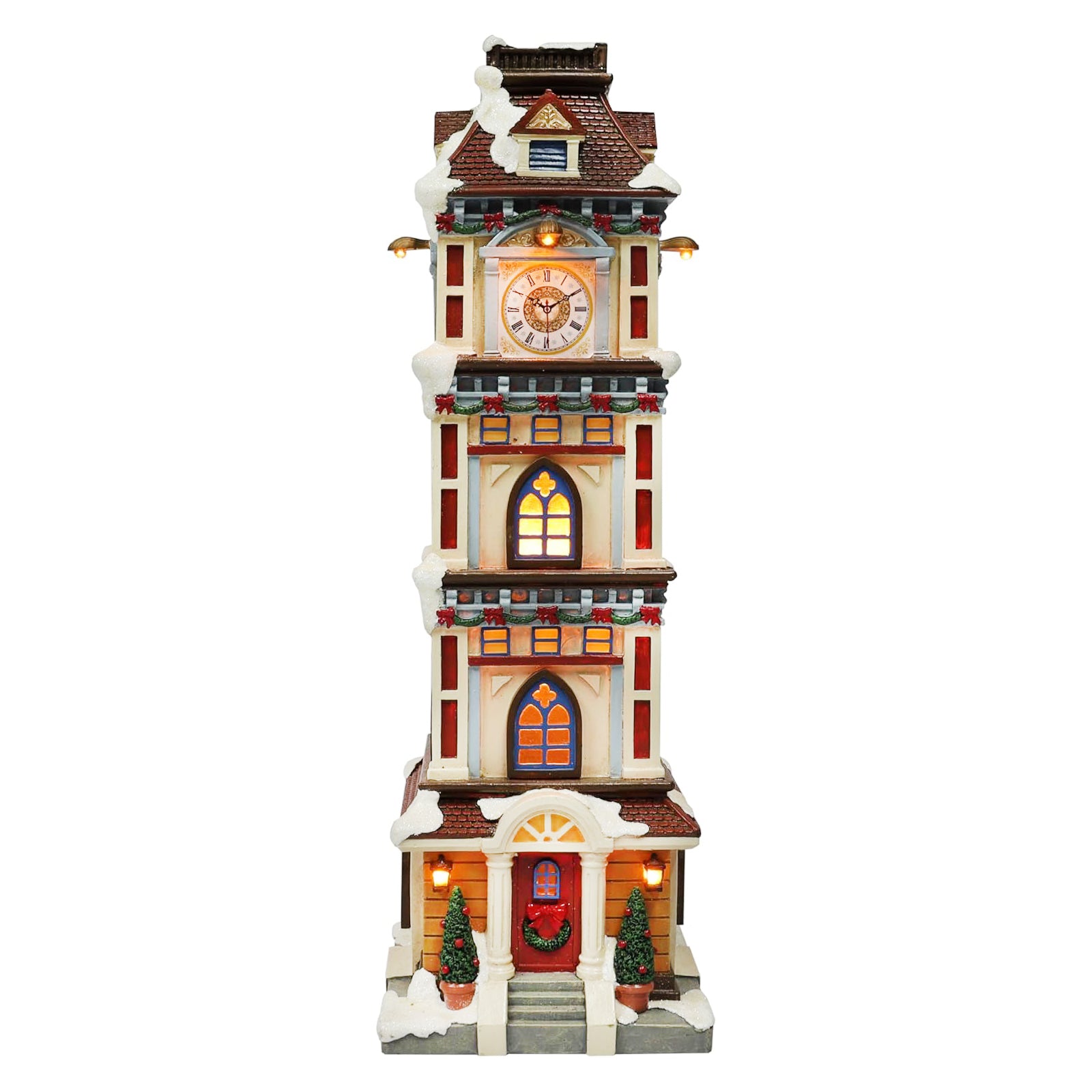 Christmas Clock Tower 14.5” LED Hand-Painted Polyresin Village Decoration