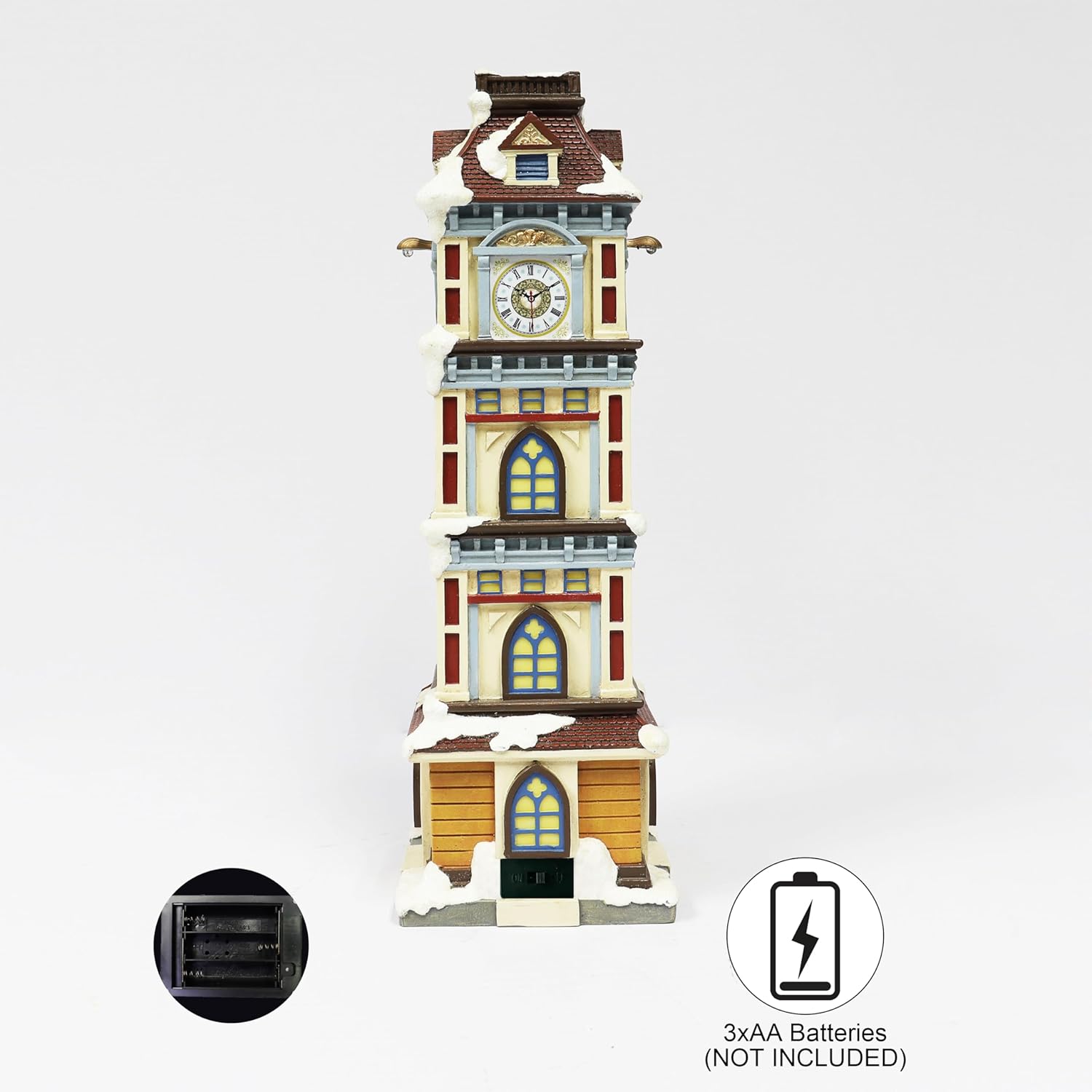Christmas Clock Tower 14.5” LED Hand-Painted Polyresin Village Decoration