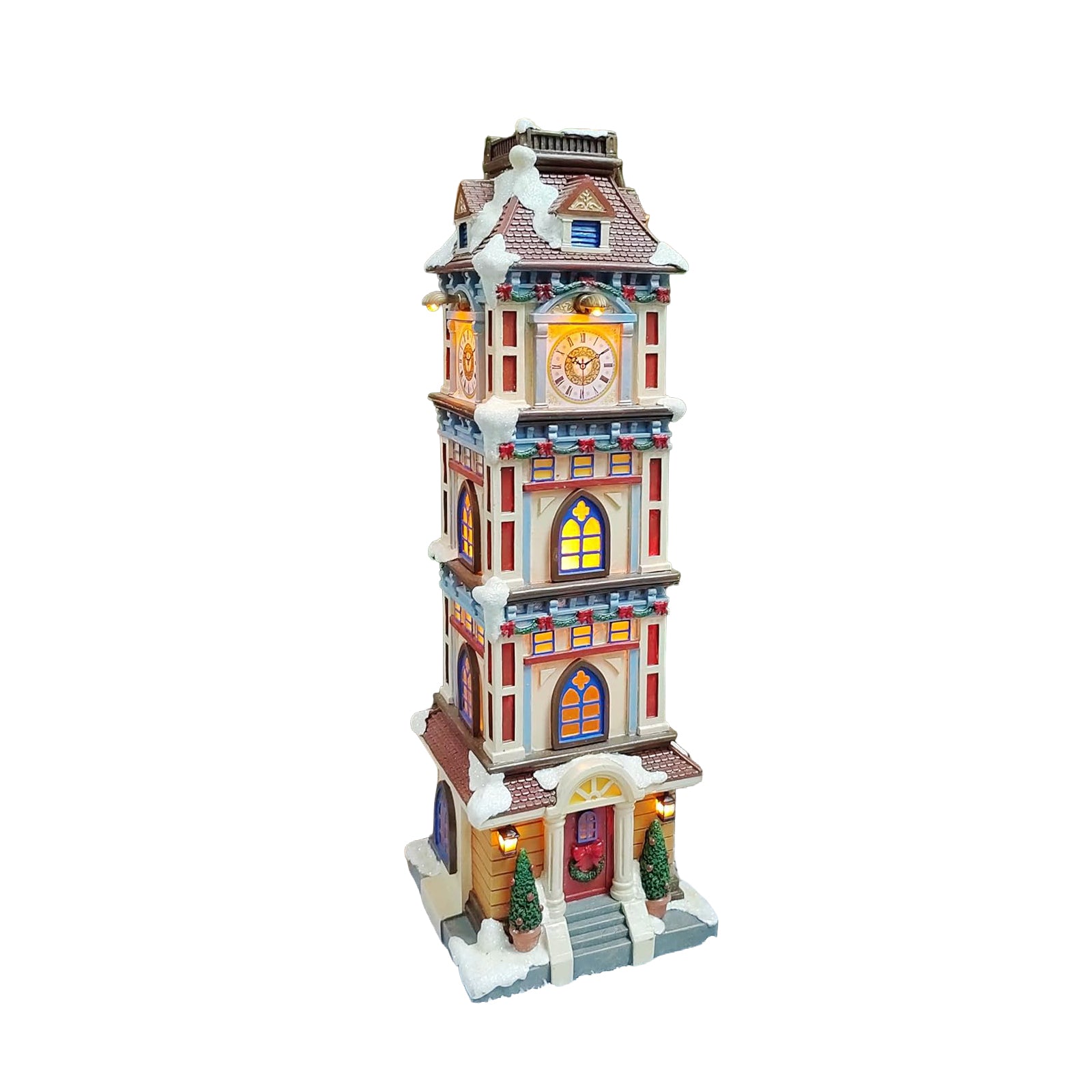 Christmas Clock Tower 14.5” LED Hand-Painted Polyresin Village Decoration