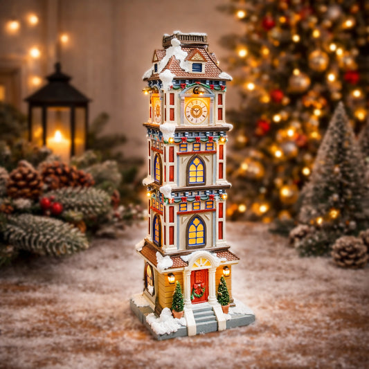 Christmas Clock Tower 14.5” LED Hand-Painted Polyresin Village Decoration