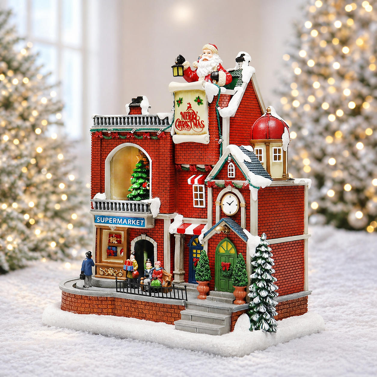 Lighted Christmas Village House Supermarket and Shops Animated Holiday Scene