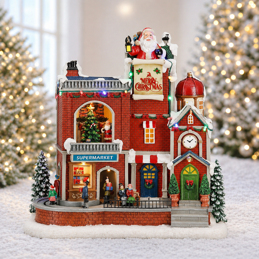 Lighted Christmas Village House Supermarket and Shops Animated Holiday Scene