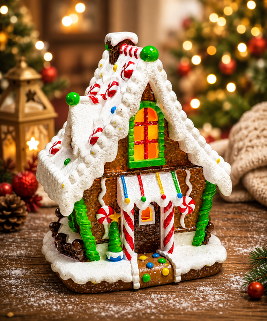 Lighted Gingerbread House Ornament LED Christmas Tabletop Centerpiece 6.22” Handcrafted Polyresin