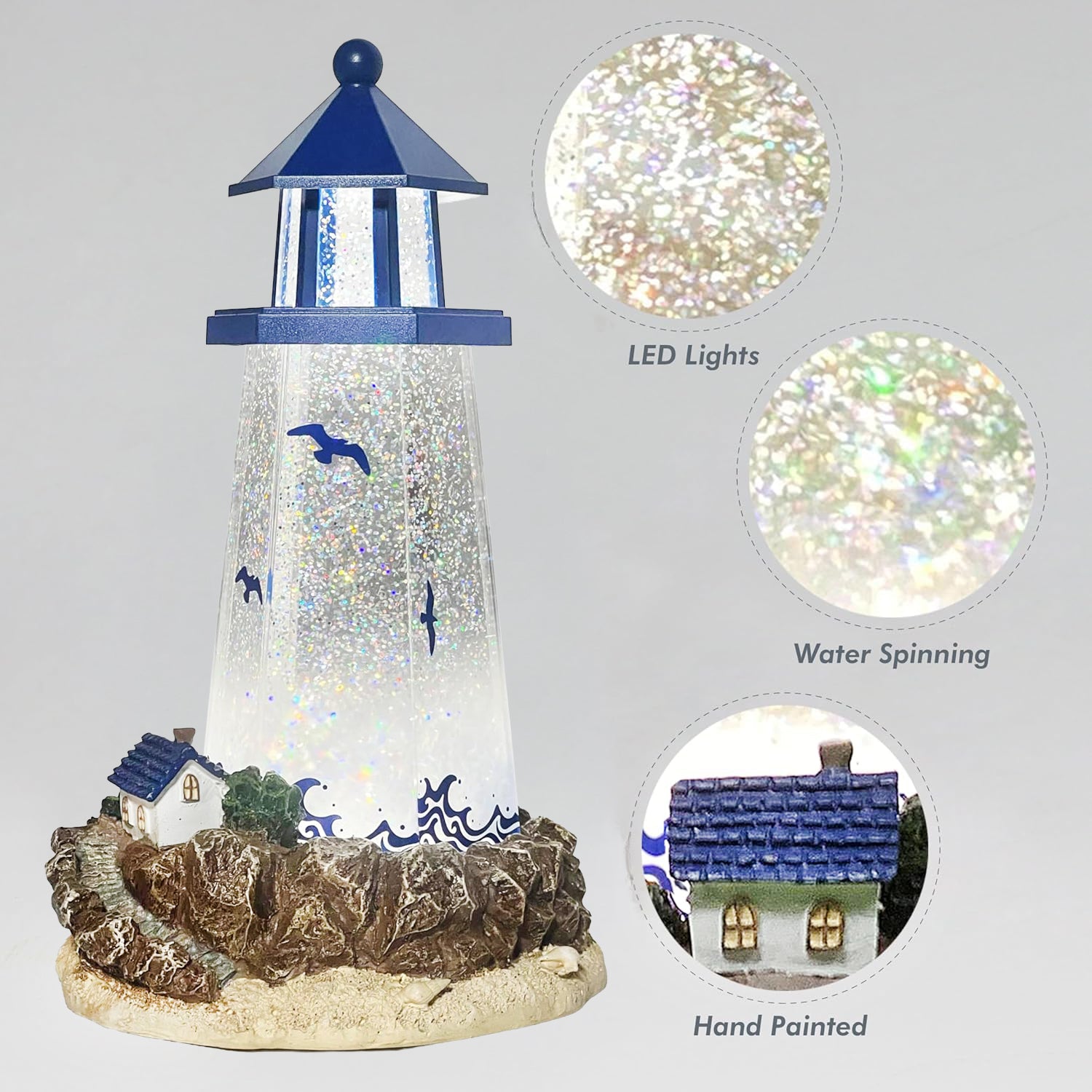 Lighthouse Water Globe by Moments in Time 11.5” Acrylic Spinning Glitter