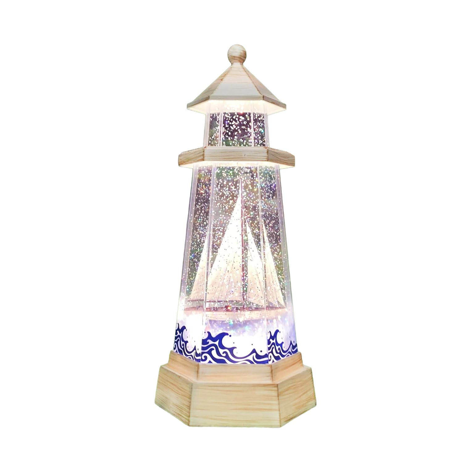 Lighthouse Water Spinner Coastal Acrylic LED Light-Up Decoration with Moving Glitter