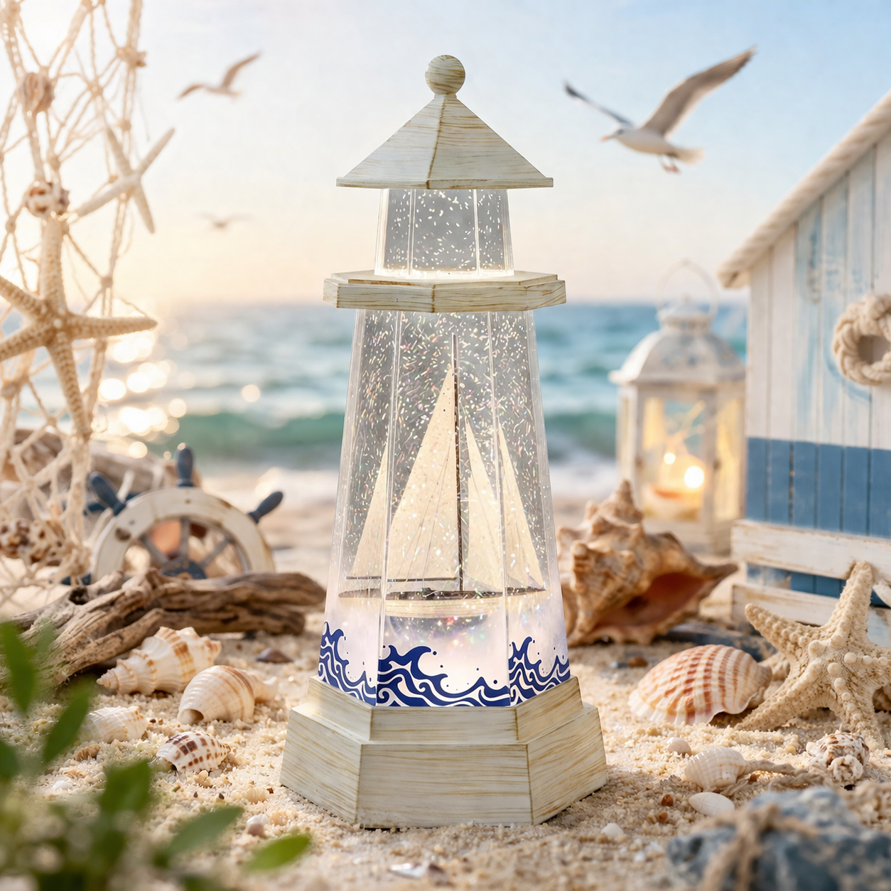 Lighthouse Water Spinner Coastal Acrylic LED Light-Up Decoration with Moving Glitter