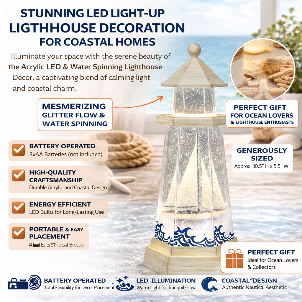 Lighthouse Water Spinner Coastal Acrylic LED Light-Up Decoration with Moving Glitter