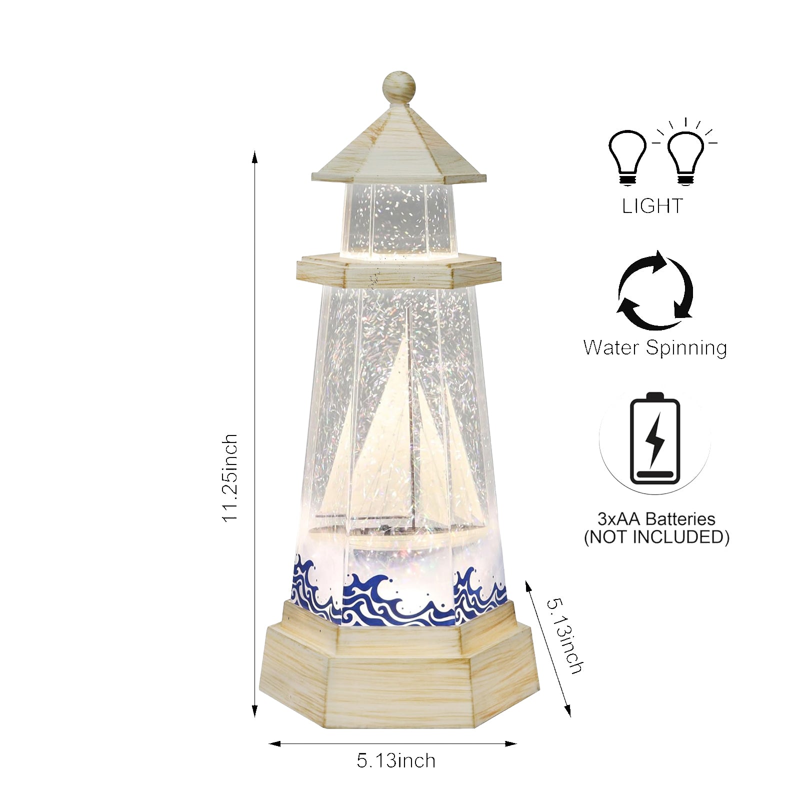 Lighthouse Water Spinner Coastal Acrylic LED Light-Up Decoration with Moving Glitter