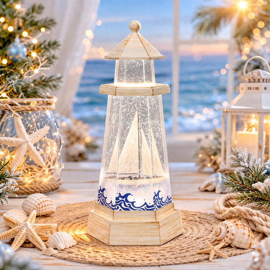 Lighthouse Water Spinner Coastal Acrylic LED Light-Up Decoration with Moving Glitter
