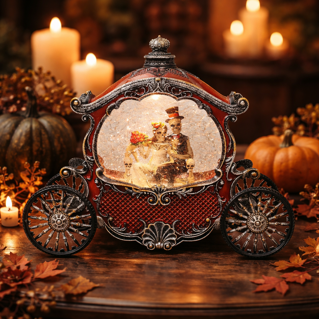 Spooky Halloween LED Water Globe Skeleton Wedding Carriage Pumpkin Coach Glitter
