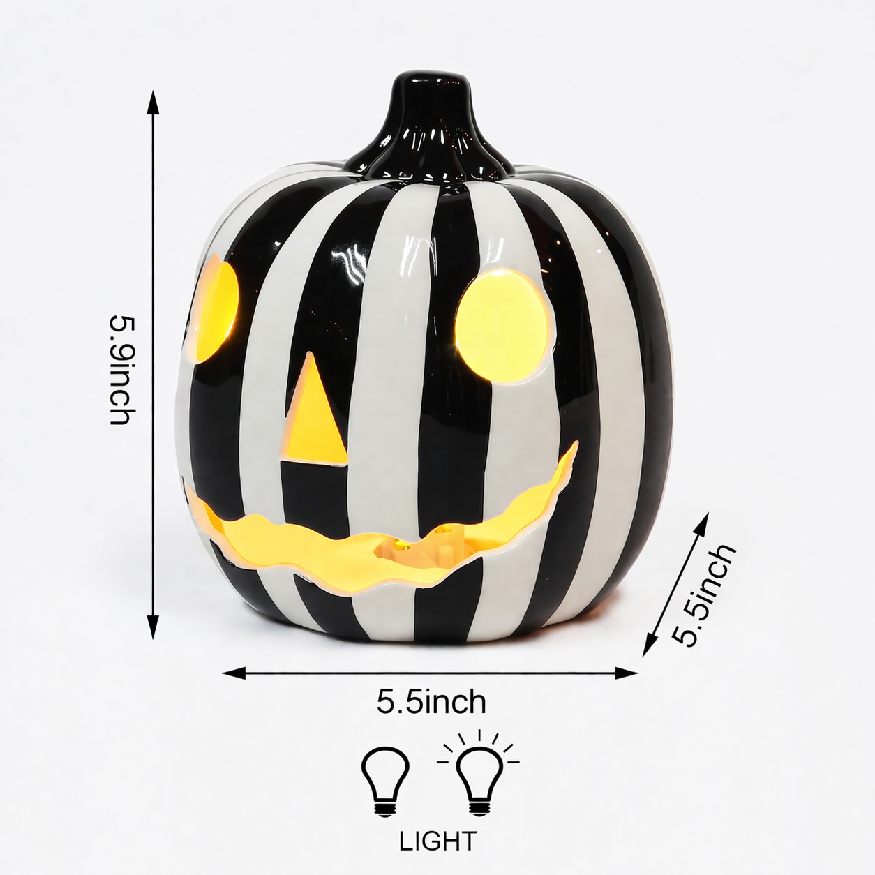 Halloween LED Ceramic Pumpkin Jack O Lantern Light Zebra Stripe Glossy Finish Battery Operated Decorative Tabletop Lantern Light Up Halloween Decor Indoor Fall Decoration