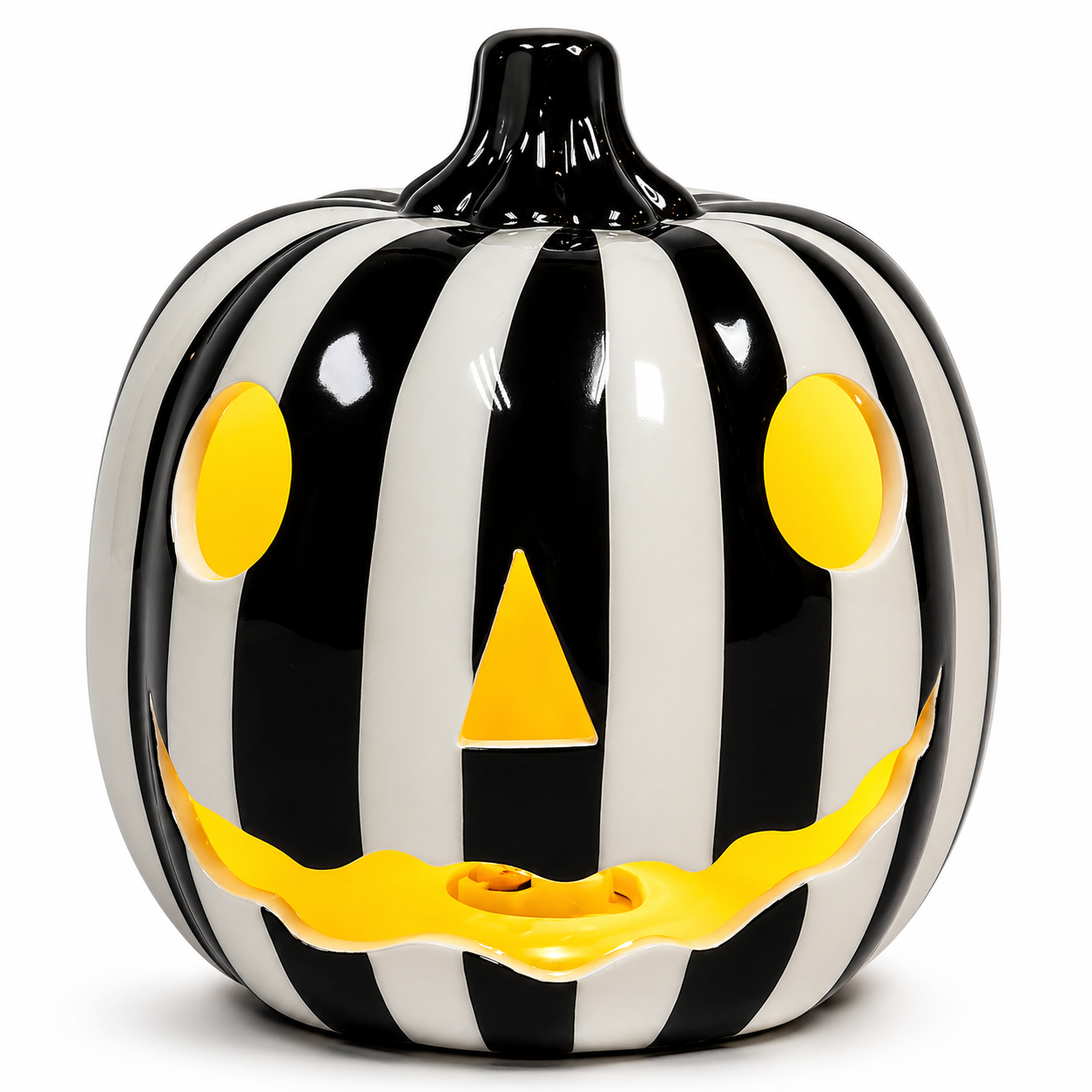 Halloween LED Ceramic Pumpkin Jack O Lantern Light Zebra Stripe Glossy Finish Battery Operated Decorative Tabletop Lantern Light Up Halloween Decor Indoor Fall Decoration