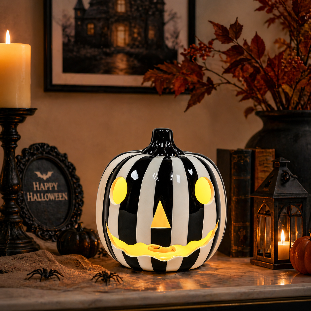 Halloween LED Ceramic Pumpkin Jack O Lantern Light Zebra Stripe Glossy Finish Battery Operated Decorative Tabletop Lantern Light Up Halloween Decor Indoor Fall Decoration