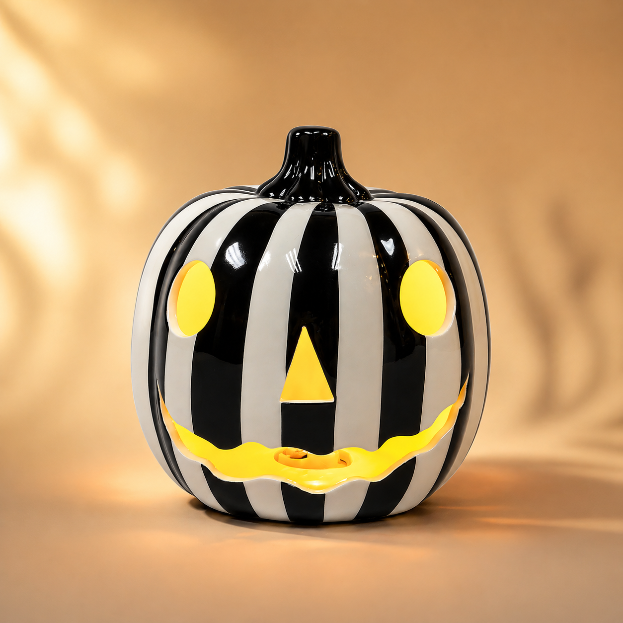 Halloween LED Ceramic Pumpkin Jack O Lantern Light Zebra Stripe Glossy Finish Battery Operated Decorative Tabletop Lantern Light Up Halloween Decor Indoor Fall Decoration