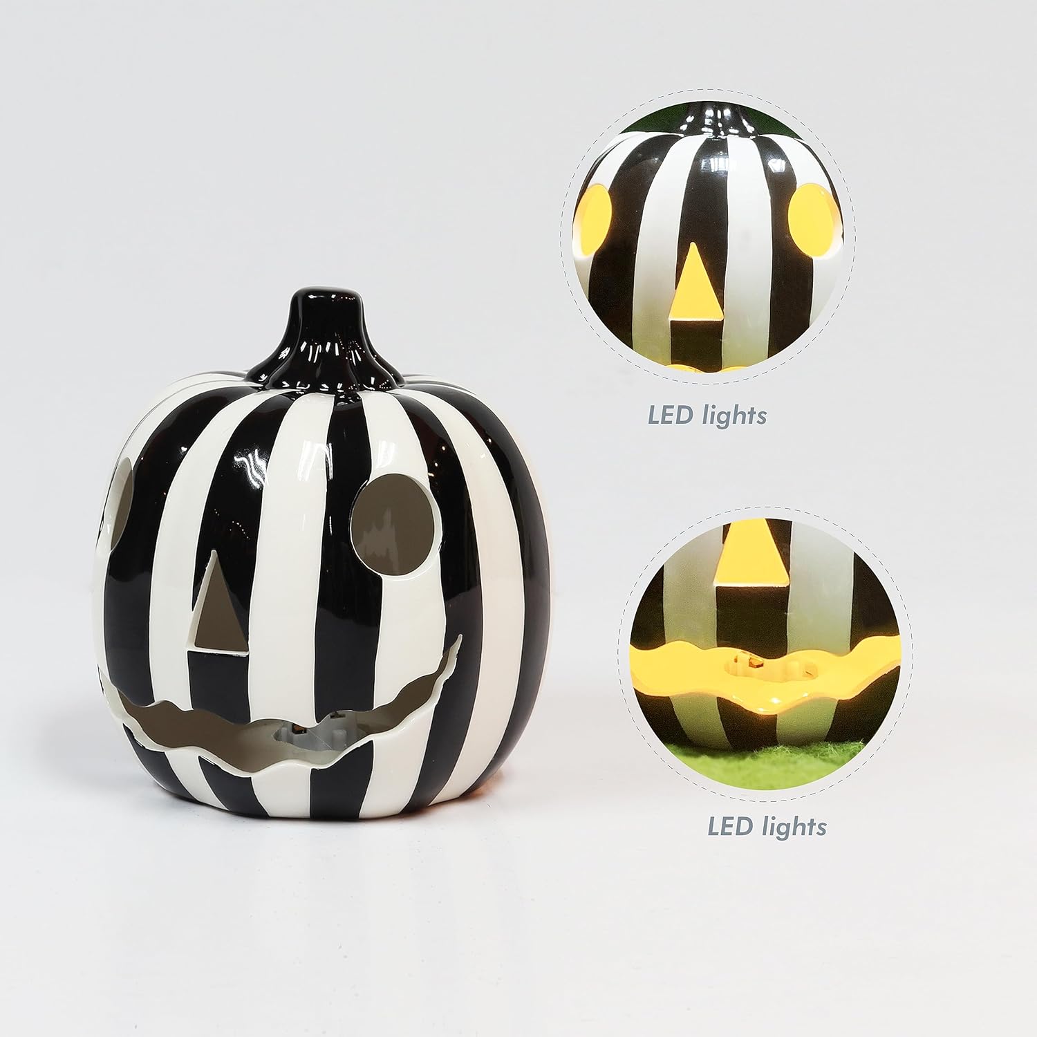 Halloween LED Ceramic Pumpkin Jack O Lantern Light Zebra Stripe Glossy Finish Battery Operated Decorative Tabletop Lantern Light Up Halloween Decor Indoor Fall Decoration