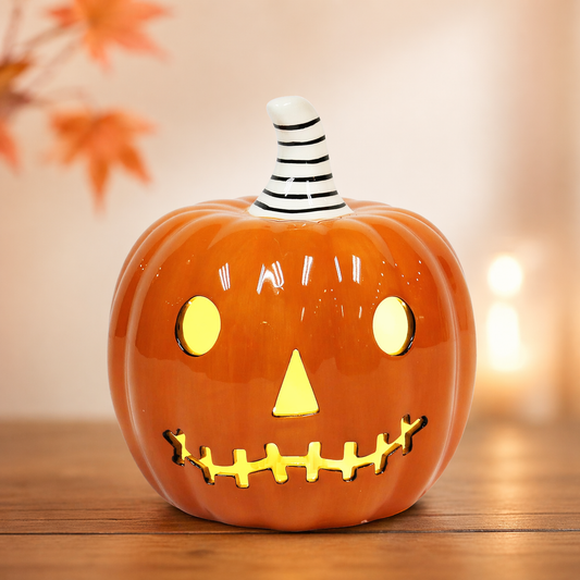 Halloween Ceramic Pumpkin Decor LED Lighted Jack O Lantern Battery Included Tabletop Decoration 6 Inch Indoor Fall Harvest Home Decor
