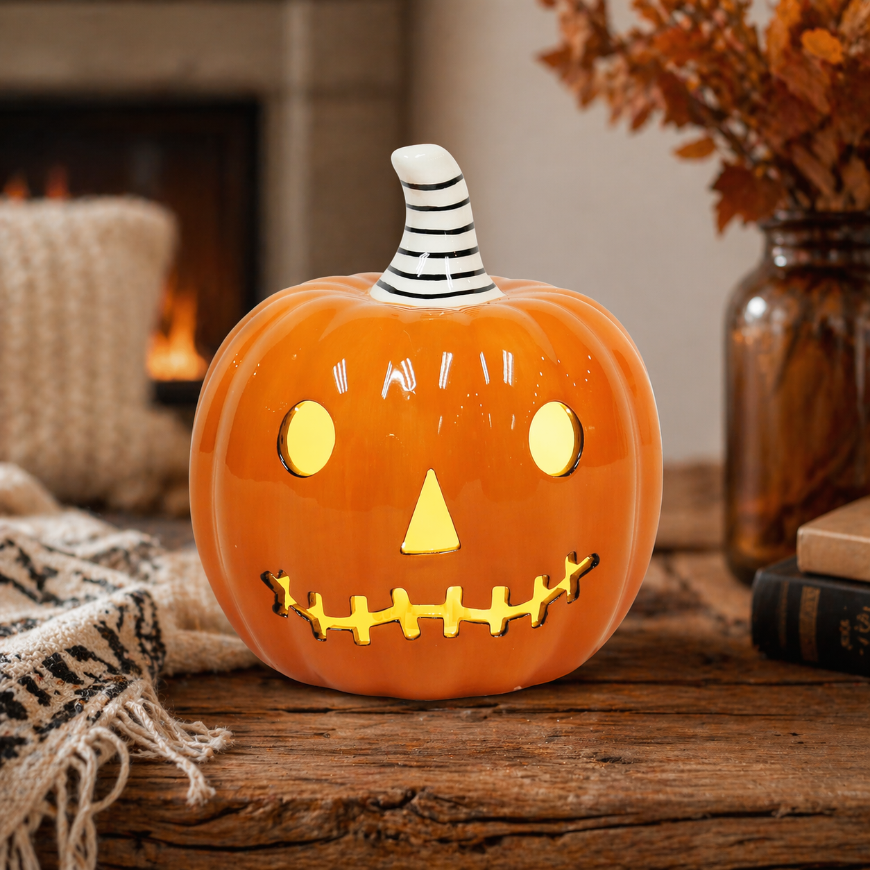 Halloween Ceramic Pumpkin Decor LED Lighted Jack O Lantern Battery Included Tabletop Decoration 6 Inch Indoor Fall Harvest Home Decor
