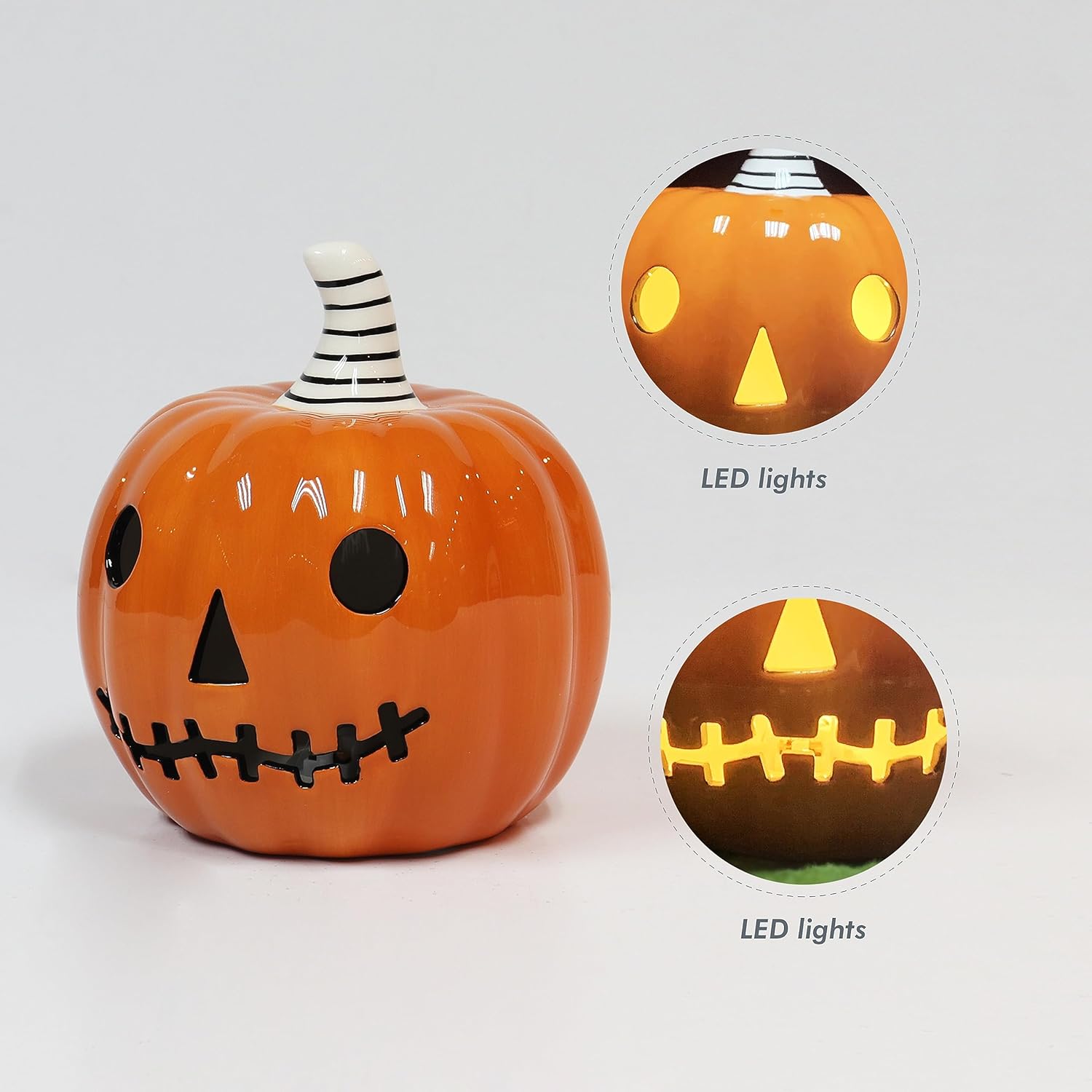 Halloween Ceramic Pumpkin Decor LED Lighted Jack O Lantern Battery Included Tabletop Decoration 6 Inch Indoor Fall Harvest Home Decor