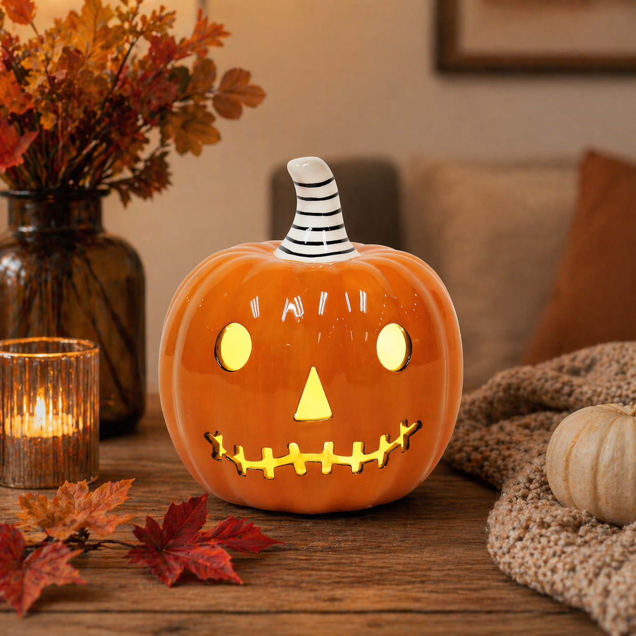 Halloween Ceramic Pumpkin Decor LED Lighted Jack O Lantern Battery Included Tabletop Decoration 6 Inch Indoor Fall Harvest Home Decor