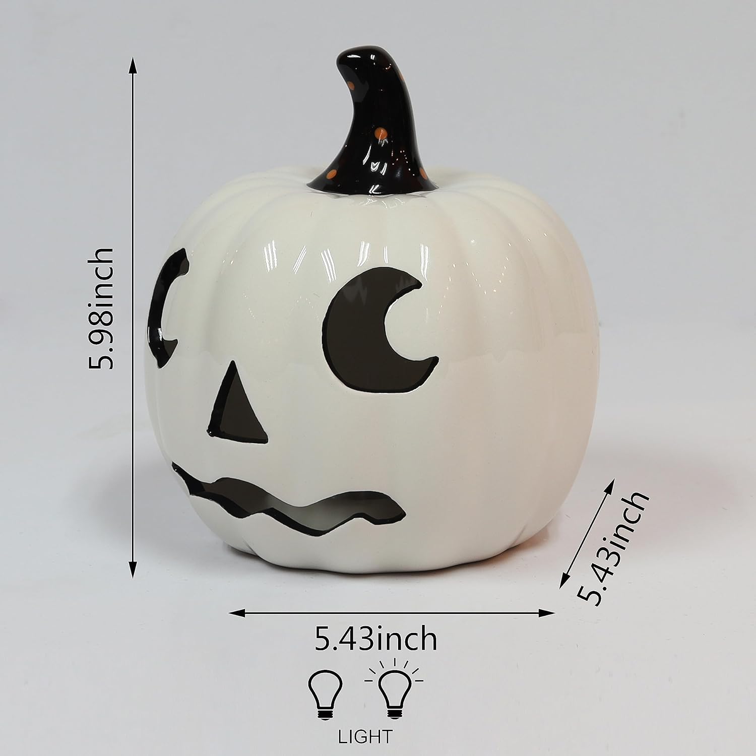 Halloween White Ceramic Pumpkin LED Lighted Jack O Lantern Battery Operated Decorative Lantern for Tabletop Mantel Entryway Spooky Indoor Halloween Decor