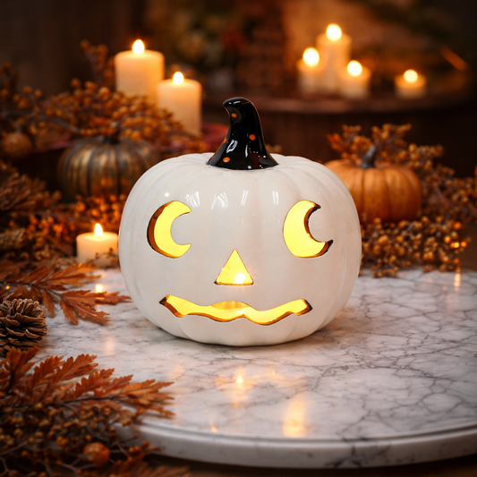 Halloween White Ceramic Pumpkin LED Lighted Jack O Lantern Battery Operated Decorative Lantern for Tabletop Mantel Entryway Spooky Indoor Halloween Decor
