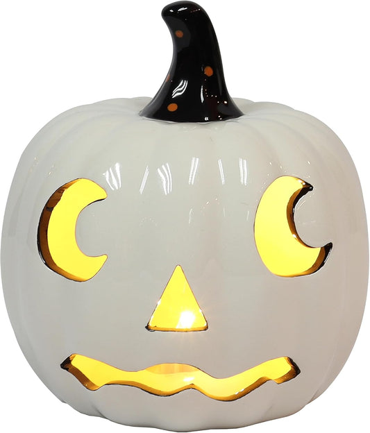 Halloween White Ceramic Pumpkin LED Lighted Jack O Lantern Battery Operated Decorative Lantern for Tabletop Mantel Entryway Spooky Indoor Halloween Decor