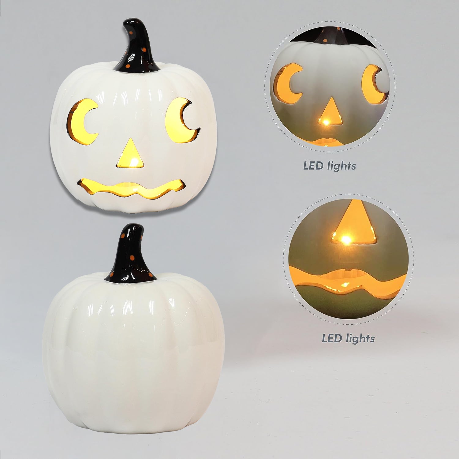 Halloween White Ceramic Pumpkin LED Lighted Jack O Lantern Battery Operated Decorative Lantern for Tabletop Mantel Entryway Spooky Indoor Halloween Decor
