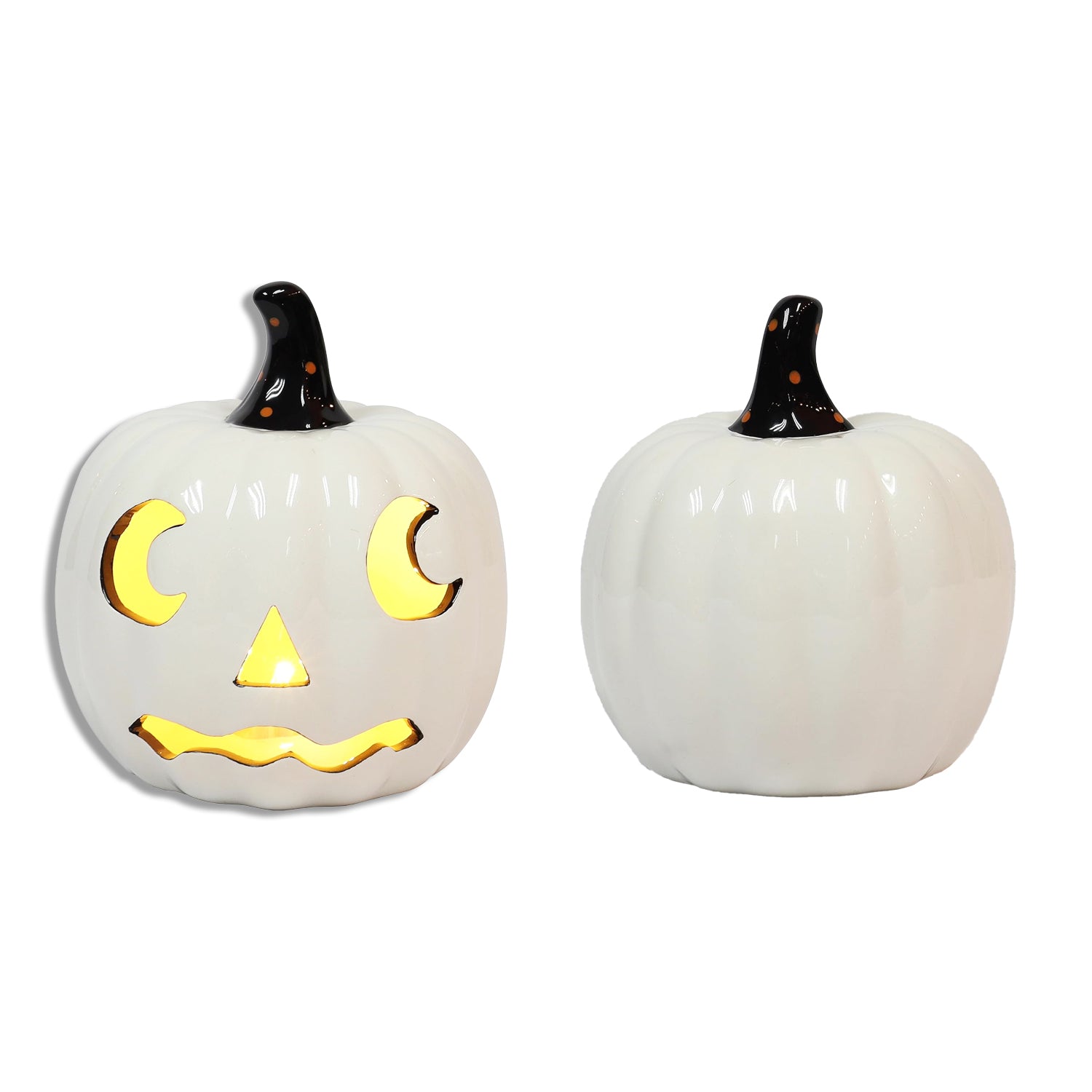 Halloween White Ceramic Pumpkin LED Lighted Jack O Lantern Battery Operated Decorative Lantern for Tabletop Mantel Entryway Spooky Indoor Halloween Decor