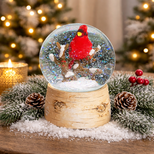 Musical Christmas Snow Globe with Cardinal Water Spinning Wind-Up Music Box Hand-Painted Birch Tree