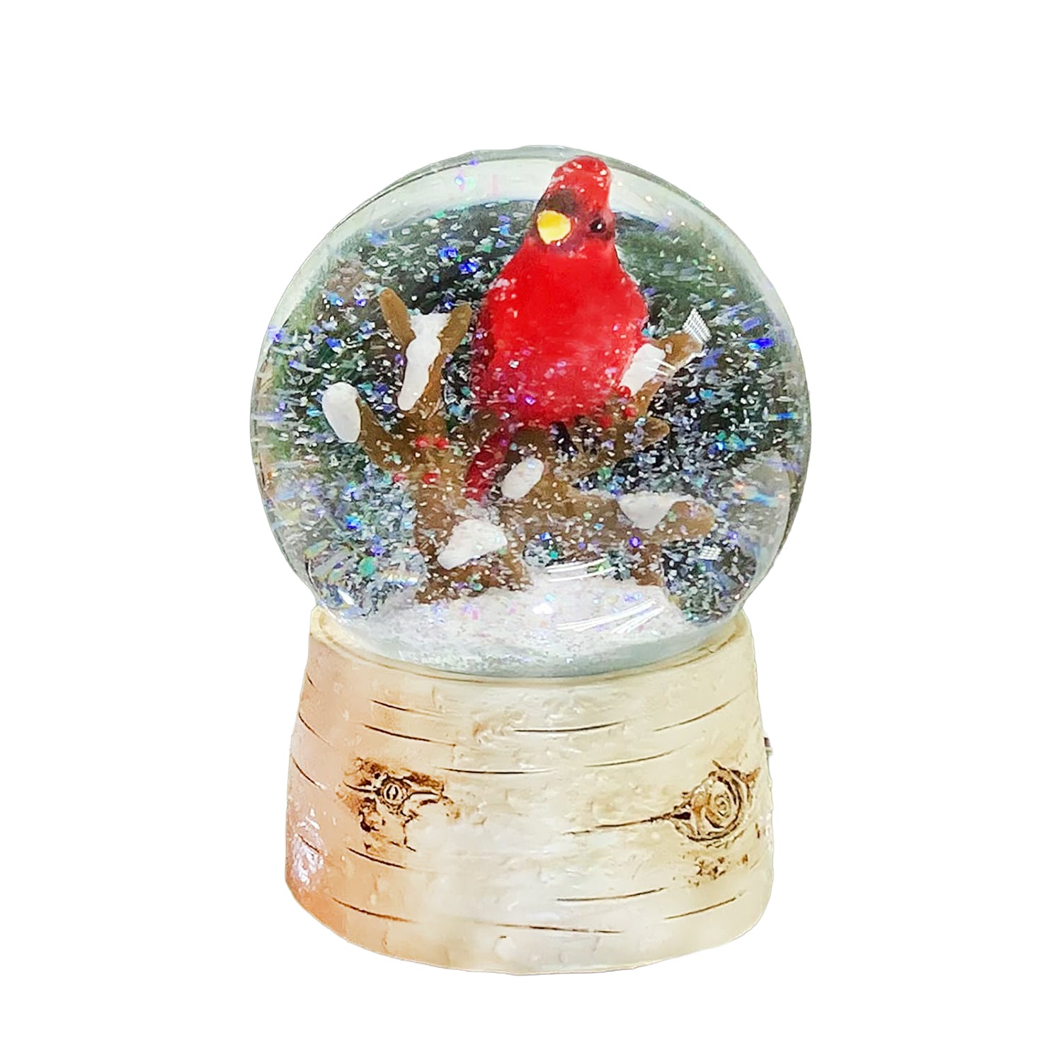 Musical Christmas Snow Globe with Cardinal Water Spinning Wind-Up Music Box Hand-Painted Birch Tree