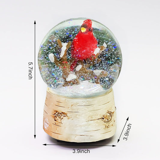 Musical Christmas Snow Globe with Cardinal Water Spinning Wind-Up Music Box Hand-Painted Birch Tree