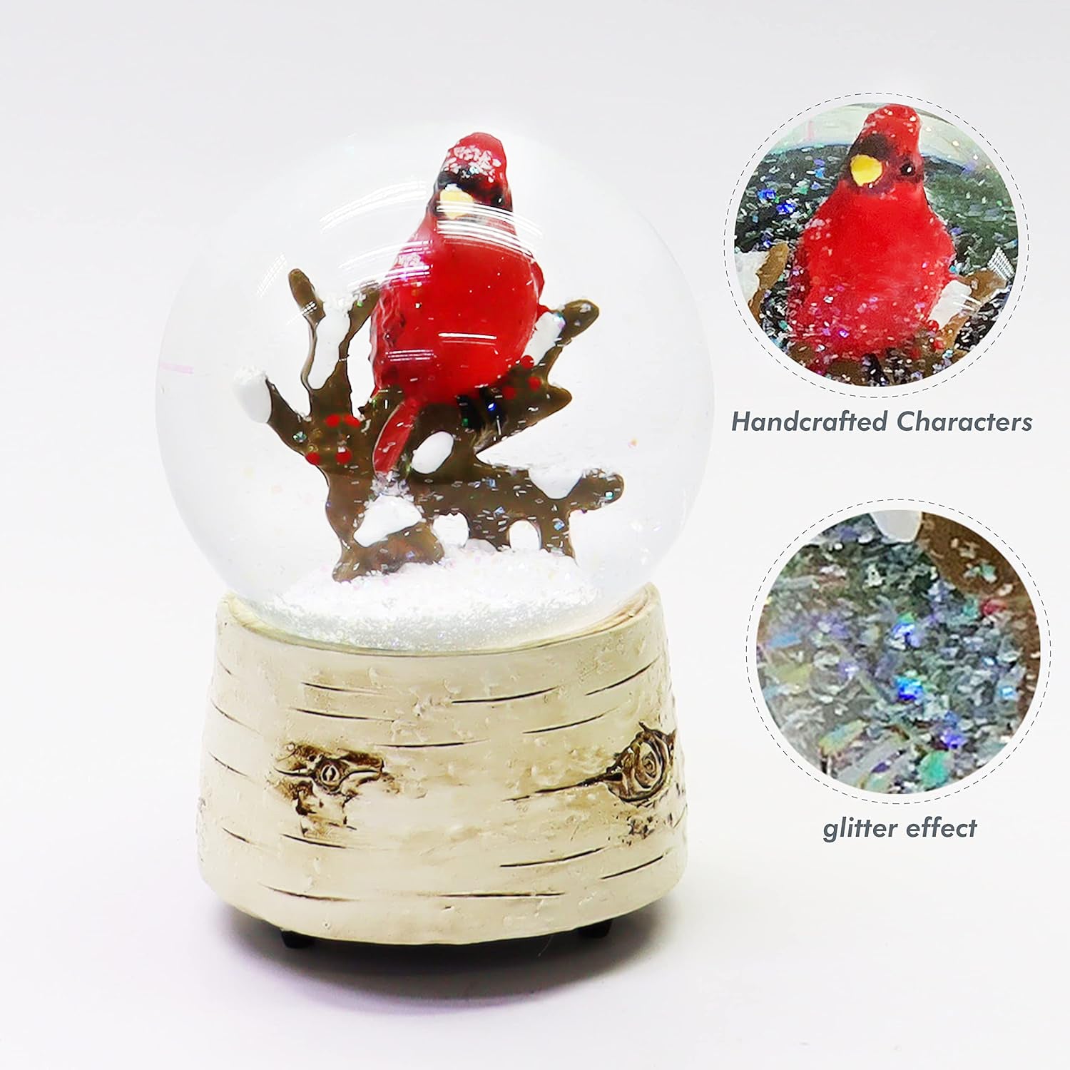 Musical Christmas Snow Globe with Cardinal Water Spinning Wind-Up Music Box Hand-Painted Birch Tree