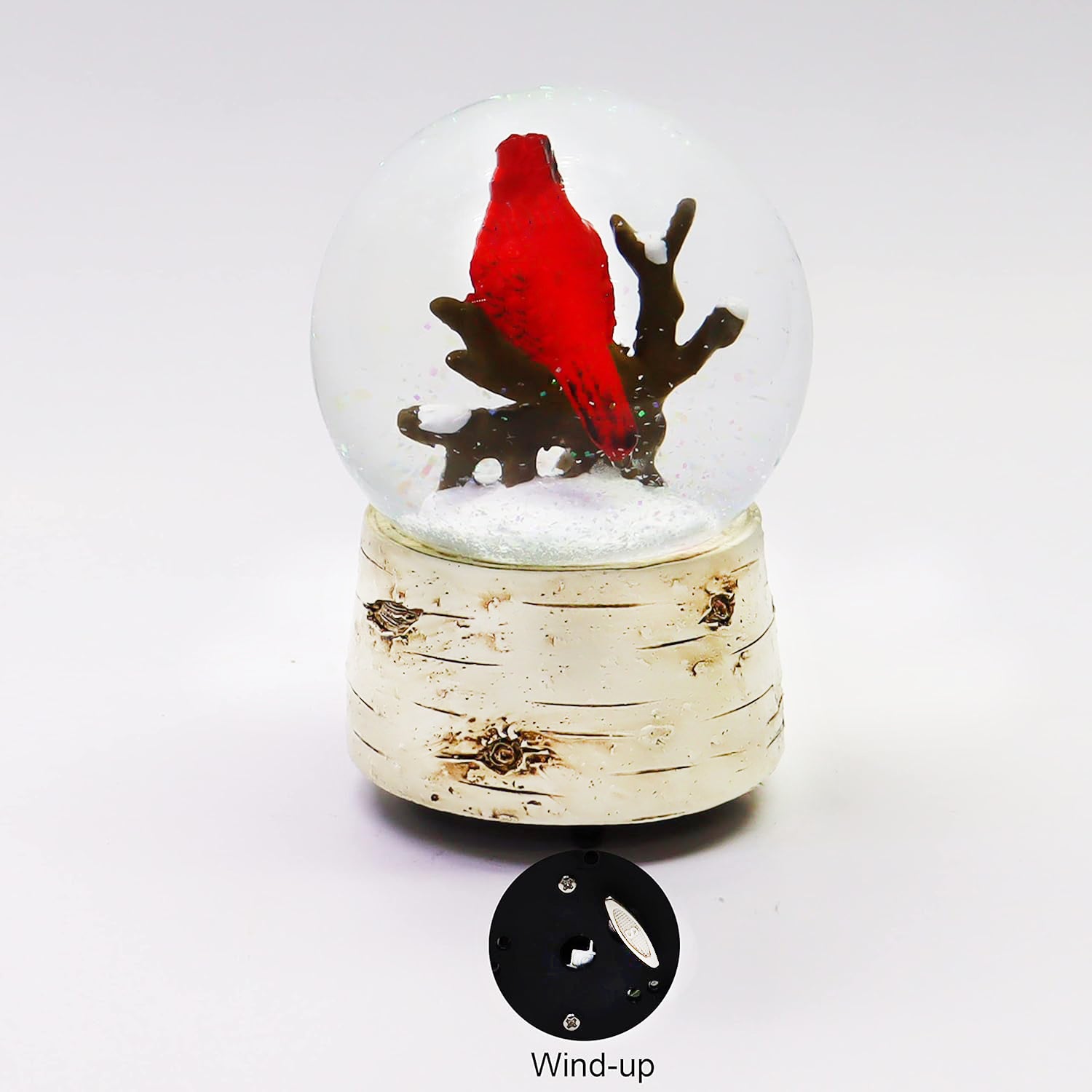 Musical Christmas Snow Globe with Cardinal Water Spinning Wind-Up Music Box Hand-Painted Birch Tree