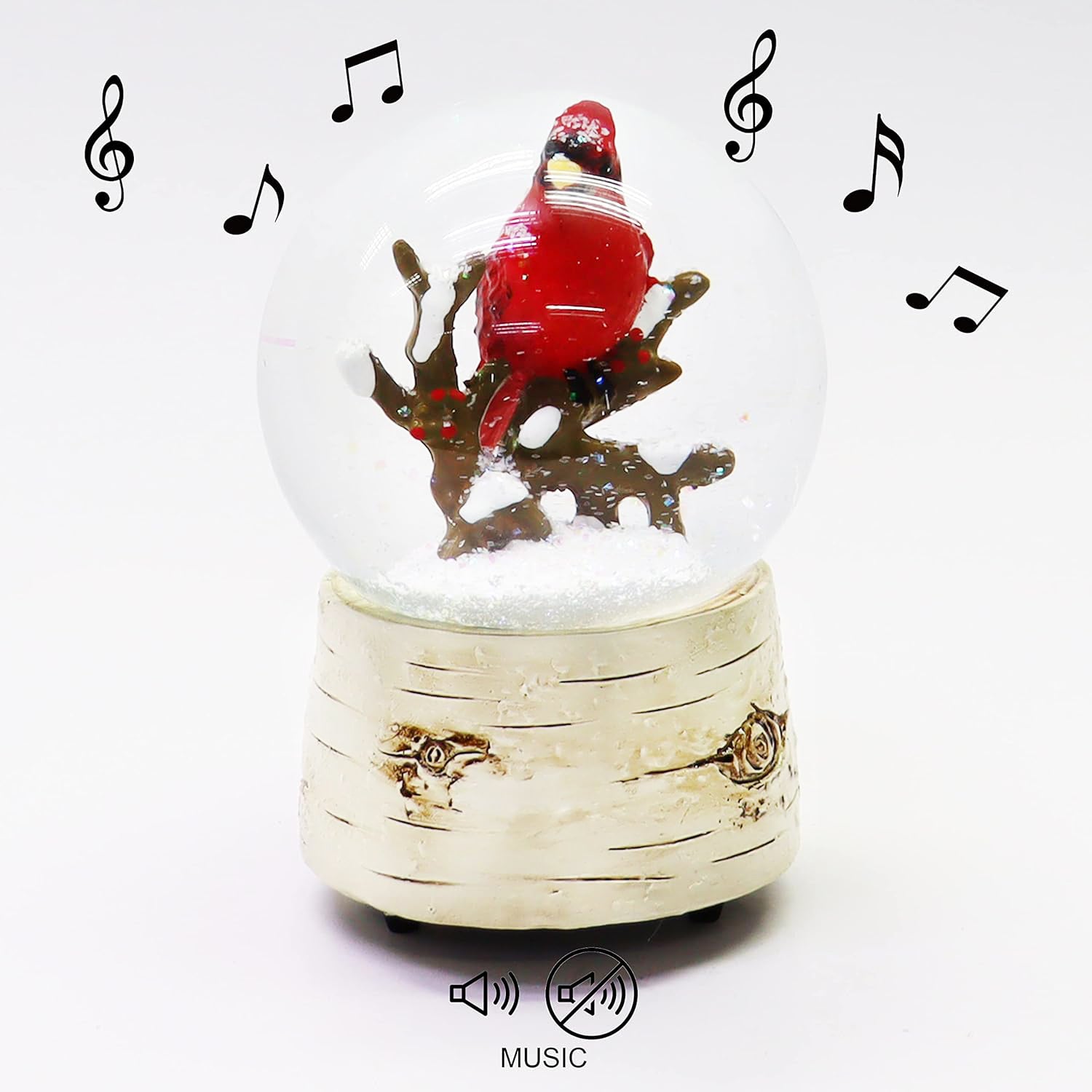 Musical Christmas Snow Globe with Cardinal Water Spinning Wind-Up Music Box Hand-Painted Birch Tree