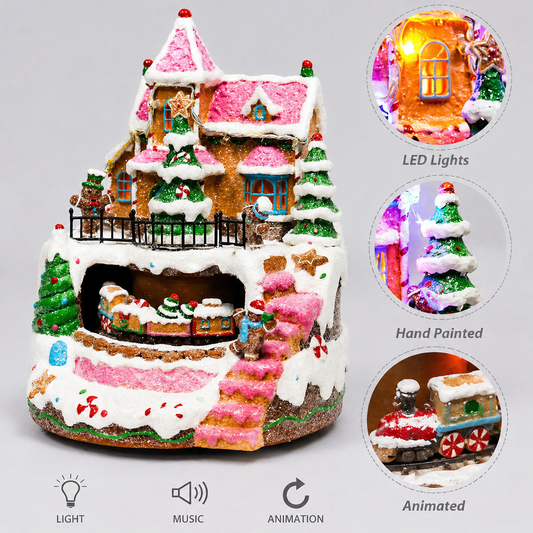 Musical Gingerbread Train Station Animated Train Christmas Village Light Up Holiday Decoration