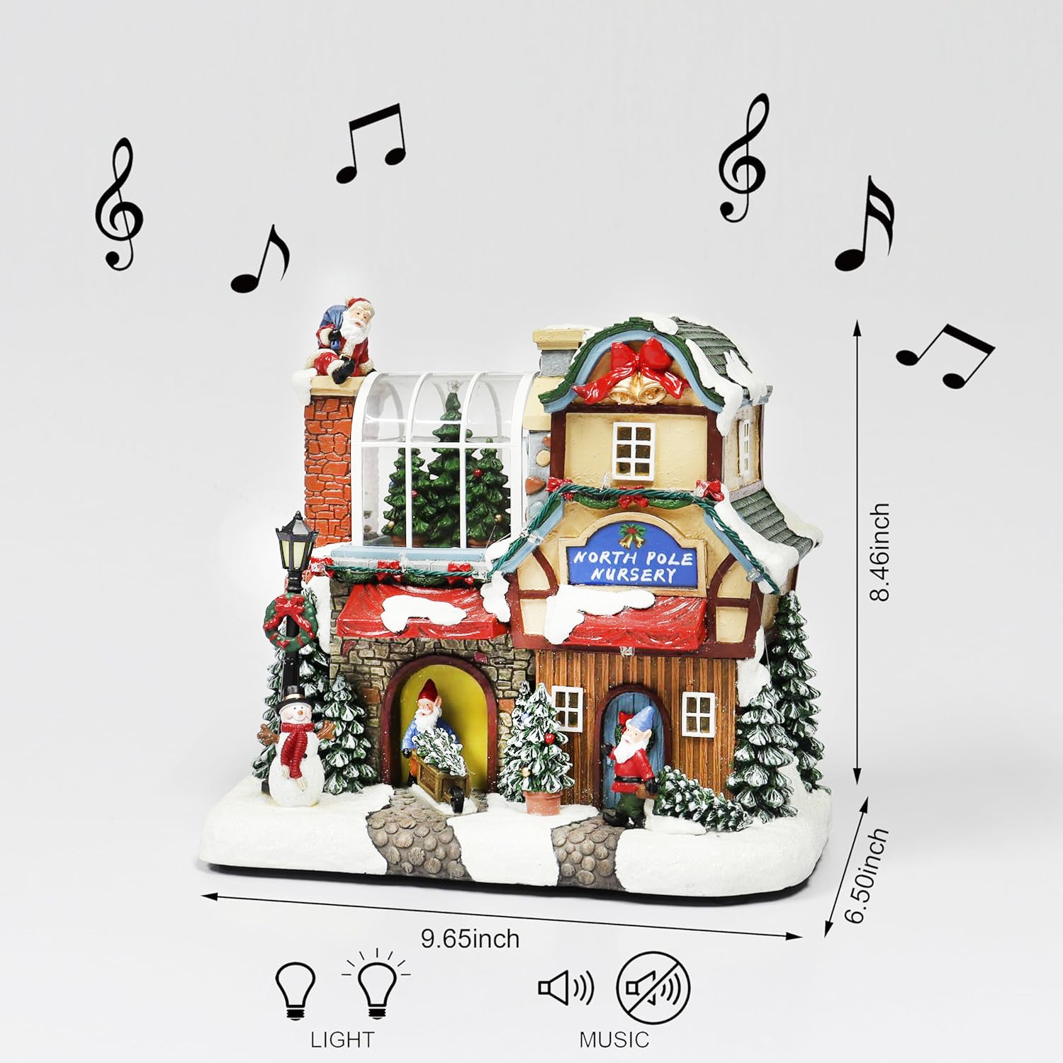 Musical North Pole Nursery Christmas Village 9.3” LED Polyresin Lighted Holiday House with Santa Gnomes Snow Scene