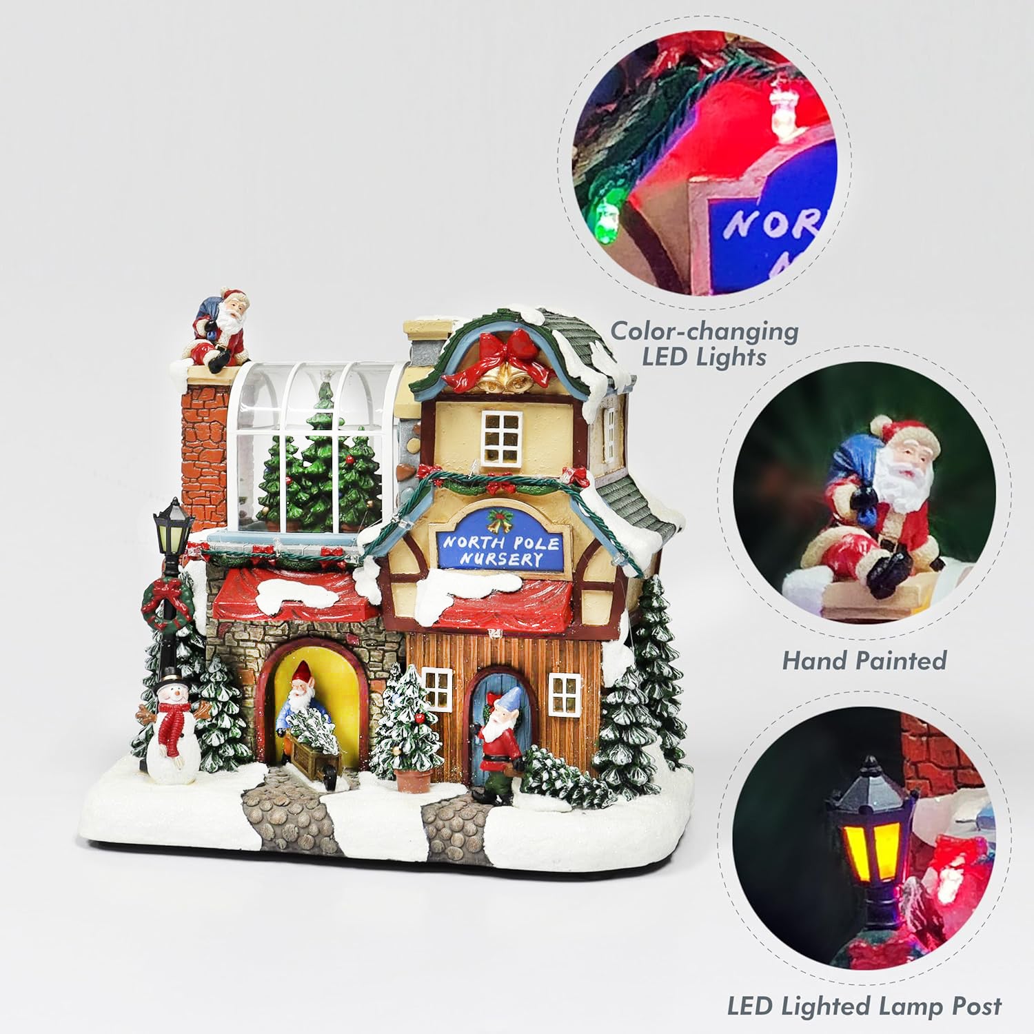 Musical North Pole Nursery Christmas Village 9.3” LED Polyresin Lighted Holiday House with Santa Gnomes Snow Scene