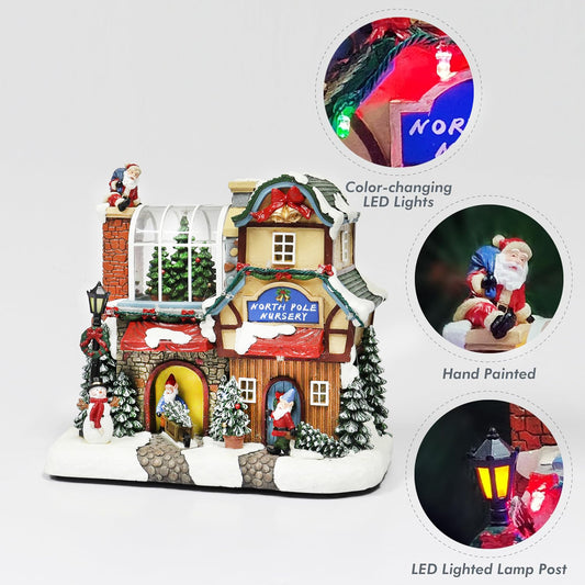 Musical North Pole Nursery Christmas Village 9.3” LED Polyresin Lighted Holiday House with Santa Gnomes Snow Scene