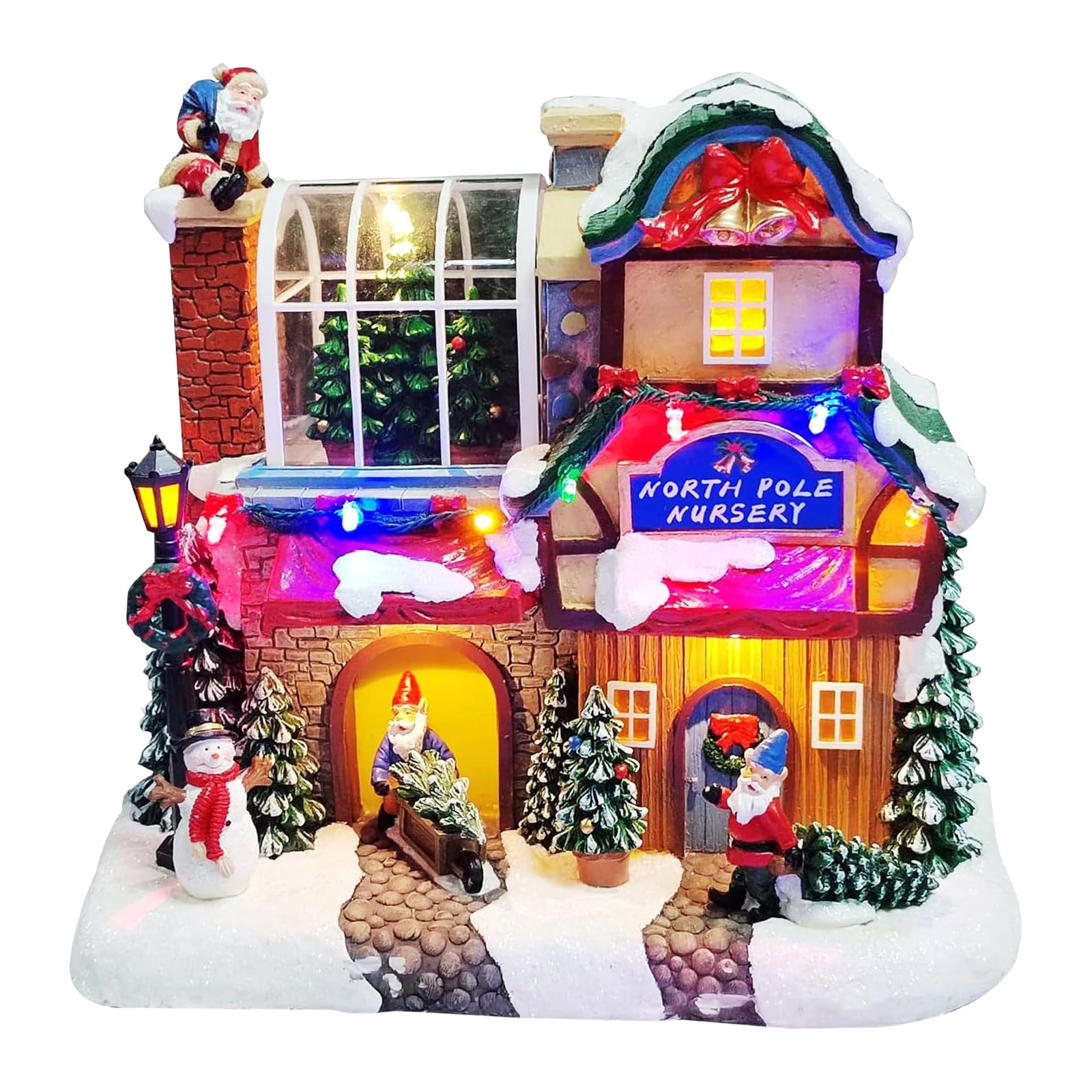 Musical North Pole Nursery Christmas Village 9.3” LED Polyresin Lighted Holiday House with Santa Gnomes Snow Scene