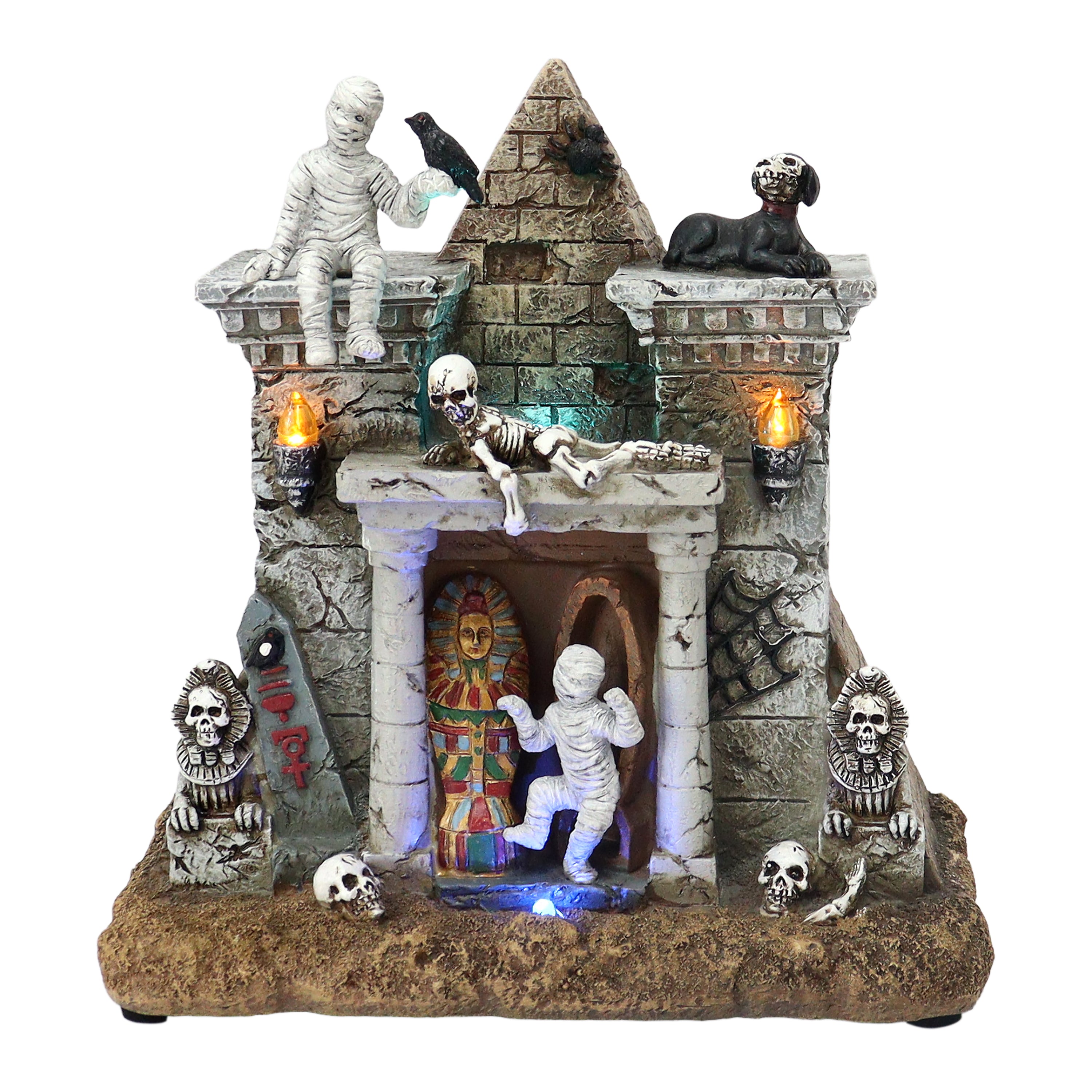Halloween Pyramid Decor with LED Lights and Sound, Battery Operated Resin Mummy Tomb Scene