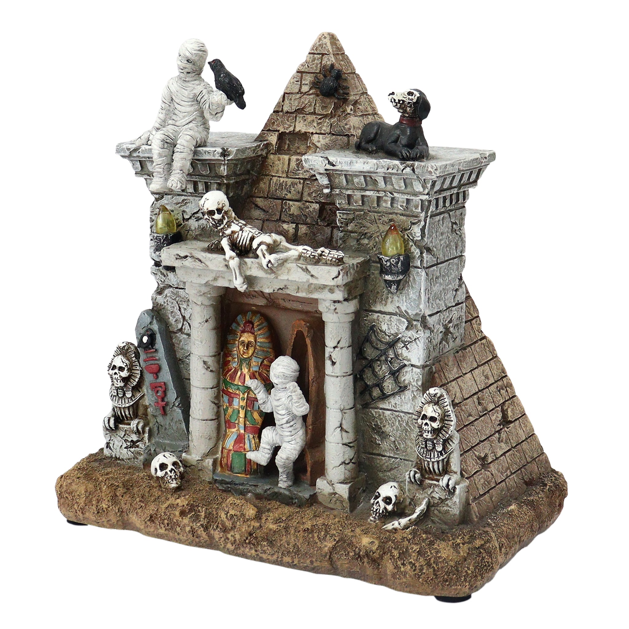 Halloween Pyramid Decor with LED Lights and Sound, Battery Operated Resin Mummy Tomb Scene