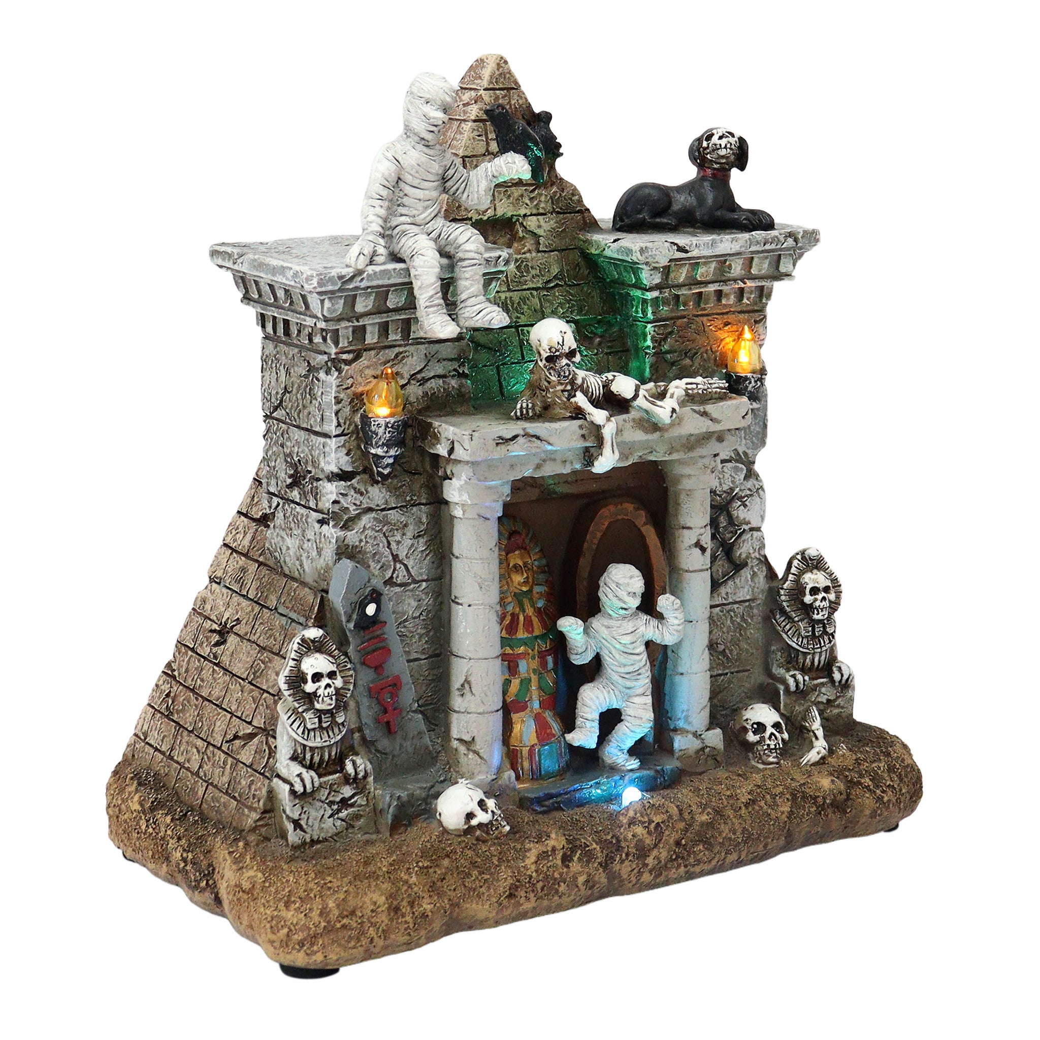 Halloween Pyramid Decor with LED Lights and Sound, Battery Operated Resin Mummy Tomb Scene