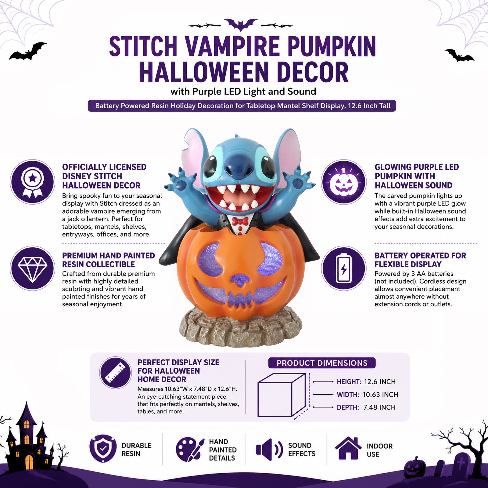 Disney Stitch Vampire Pumpkin Halloween Decor with Purple LED Light and Sound